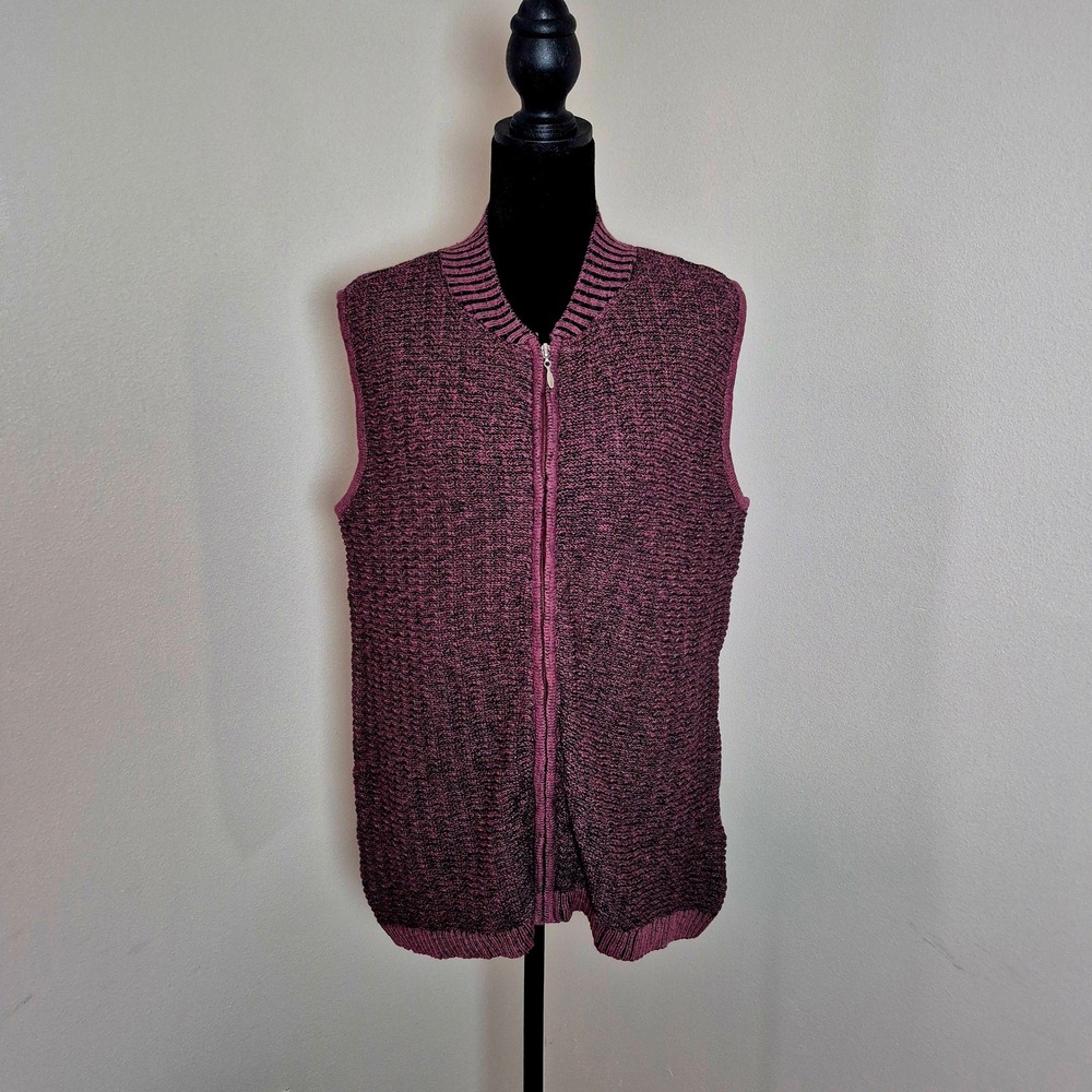 Christopher & Banks Women Burgundy Black Marled Cotton Zip Sweater Vest Medium